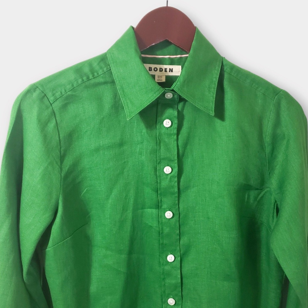 Boden Kelly Green 100% Linen Long Sleeve Button Down Shirt US 4P Petite - Picture 2 of 9
